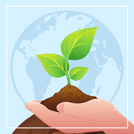 Nachhaltigkeit Eine Hand hält Erde mit einer kleinen Pflanze vor einer Weltkarte.